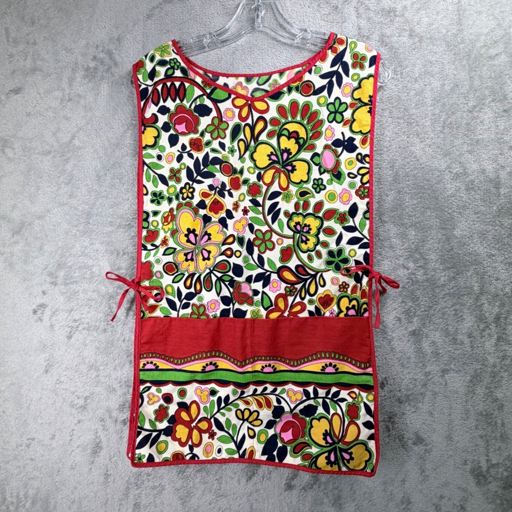 Vintage Floral Tabard Apron Red Yellow Green‎ Psychedelic Retro Kitchen Smock - Picture 2 of 9